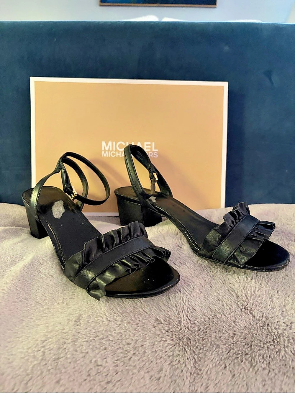 Michael Kors Bella Ruffled Leather Sandal Black Heels